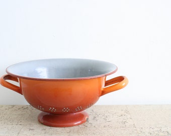 Big vintage enamel orange strainer / colander, enamelware