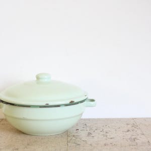 Può includere: Una pentola da cucina vintage in smalto verde chiaro con coperchio abbinato. La pentola ha due manici laterali e un piccolo pomello sul coperchio. Il bordo mostra segni di usura, aggiungendo al suo fascino antico. La pentola è appoggiata su una superficie strutturata.