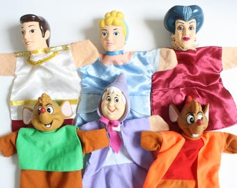 Vintage Set von sechs Disney&#39;s Cinderella Gummikopf Handpuppen / Rollenpuppen
