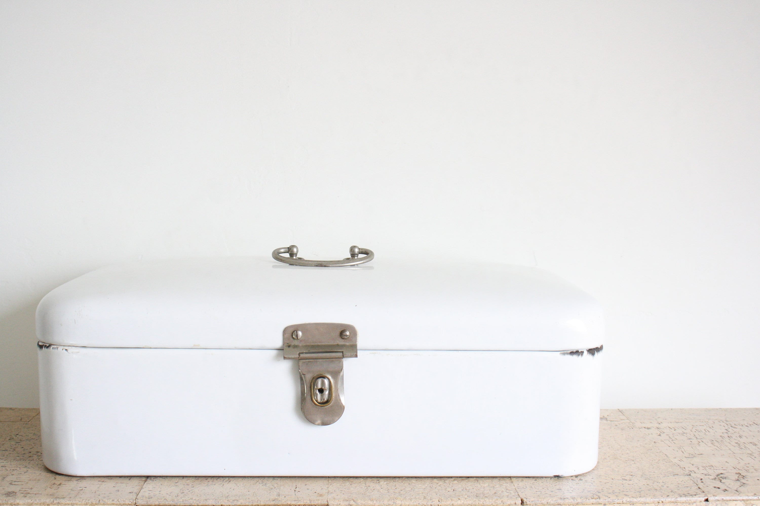 Vintage white enamel bread box or bin from the fifties