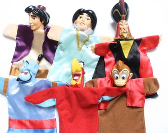 Juego vintage de seis marionetas de mano con cabeza de goma de Aladdin de Disney / marionetas para juegos de simulación