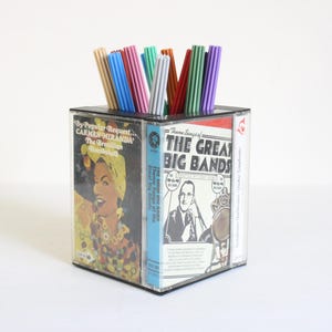Vintage International cassette tapes pen holder, or pencil box, office storage from the seventies & eighties
