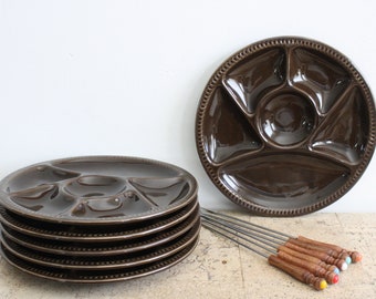 Vintage set of six chocolate brown fondue plates with/ without 6 fondue forks from the seventies