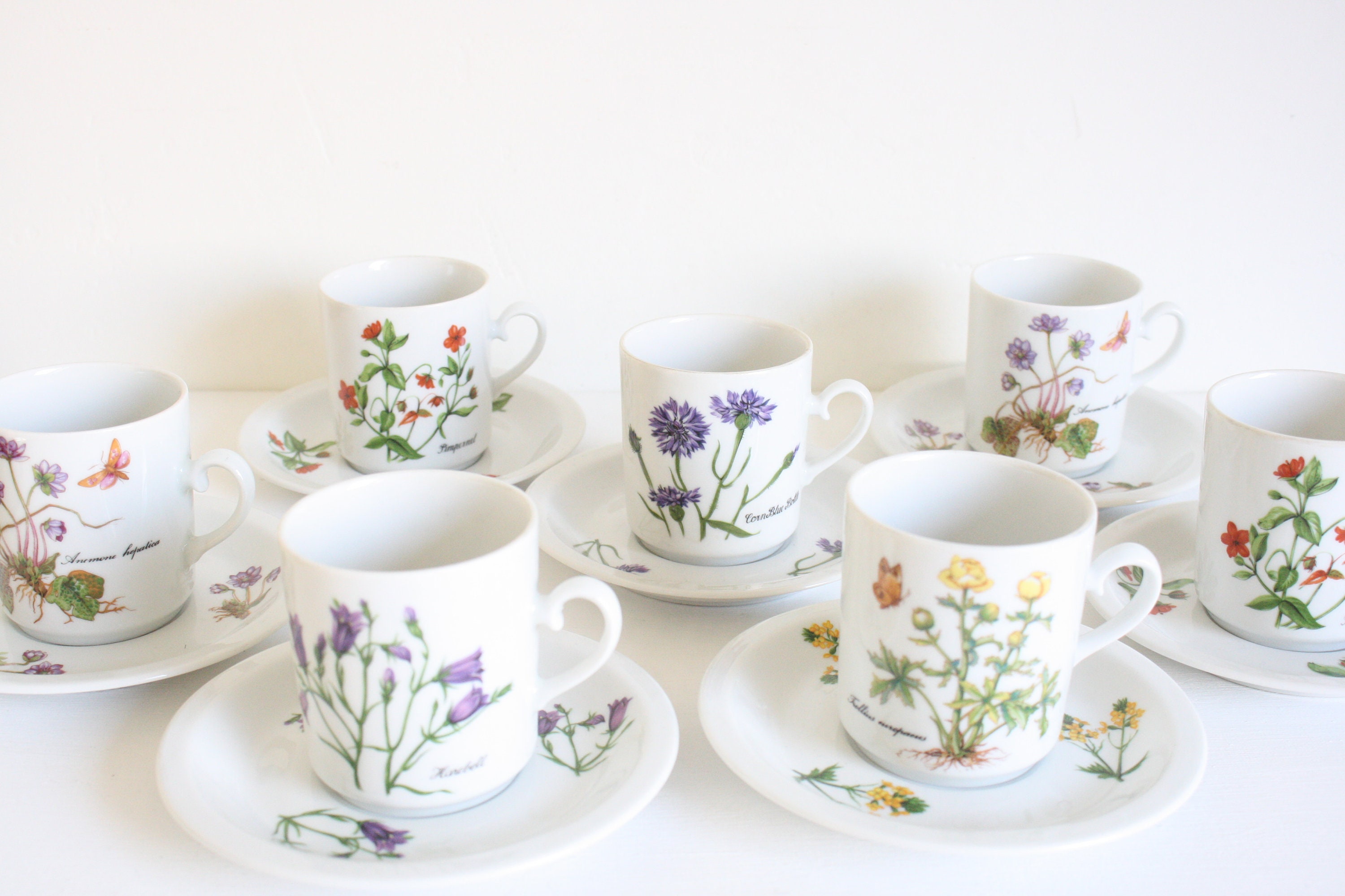 Seven vintage floral cups and saucers from Kronester Bavaria from the  seventies