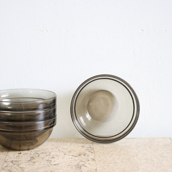 Vintage set of four smoked glass bowls from Arcoroc from the seventies