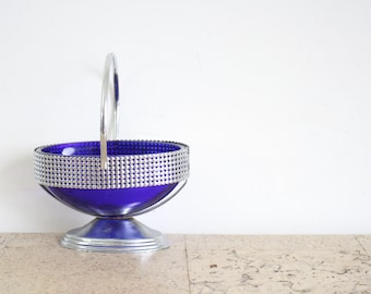 Azucarero vintage de cristal azul cobalto de los años ochenta