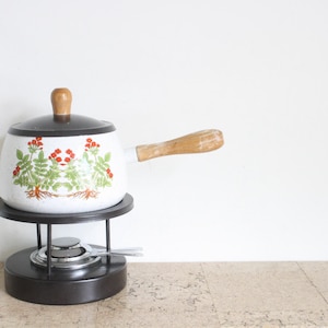 Vintage floral enamel fondue set with wildflowers from the seventies