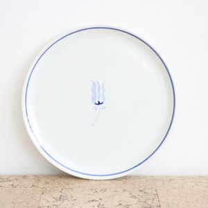 May include: A white ceramic plate with a blue rim and a blue floral design in the center.