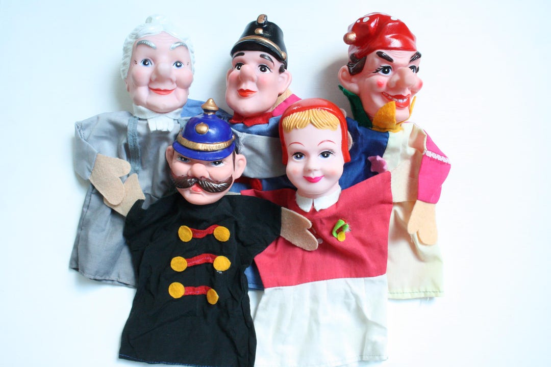 Old Puppet C Reddy Vintage Set of Five Rubber Head Hand Puppets / Pretend Play Puppets ...