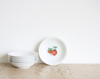 Vintage set of six dessert bowls with fruits from the seventies, strawberry, blueberry, apple, plum, raspberry & gooseberry