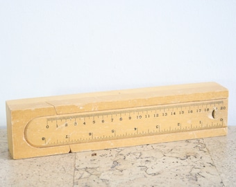 Vintage wooden pencil box with a ruler top (cm and inch)