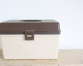 Vintage brown and beige sewing box from the seventies