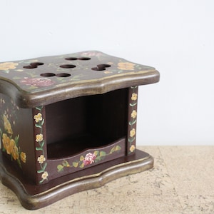 Vintage brown wooden foot stove with handpainted flowers