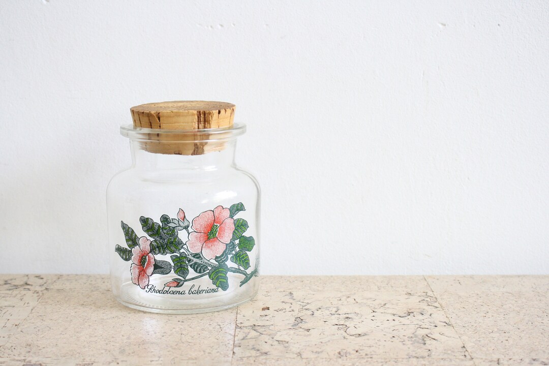 Vintage Glass Pot With Cork Lid and a Botanical Print From the Etsy