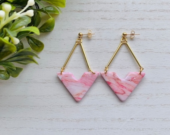 Chevron Pink & White Marbled Dangles