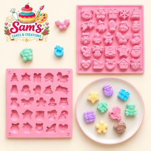 May include: Two square pink silicone molds featuring various holiday-themed cavities, including Christmas trees, stars, gifts, and figures. A round plate displays several small, colorful molded shapes in pastel shades of blue, green, yellow, and purple.