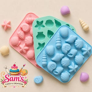May include: Three rectangular silicone molds in pink, mint green, and light blue, each featuring various seashell and starfish cavities. Several molded seashell and starfish shapes in pink, blue, cream, and purple are scattered around the molds.