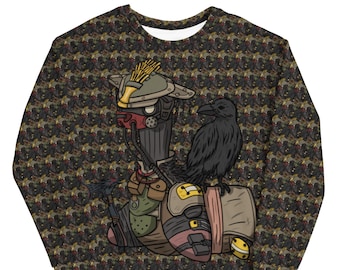 May include: A black and green sweatshirt with a cartoon illustration of a robot with a crow perched on its shoulder. The robot is wearing a helmet and has a backpack. The background is a repeating pattern of black and green.