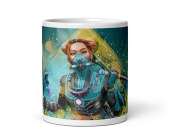May include: White ceramic mug featuring a futuristic female character in teal and black armor with a respirator mask. The character has red hair and is set against a teal and gold background with bokeh effects. The mug is a standard 11 oz size.
