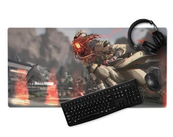 May include: A black keyboard and a black and grey gaming mouse are on a gaming mousepad featuring a digital illustration of a character from the video game Apex Legends. The character is wearing a gas mask and a hooded cloak. The background is a dark, futuristic cityscape.