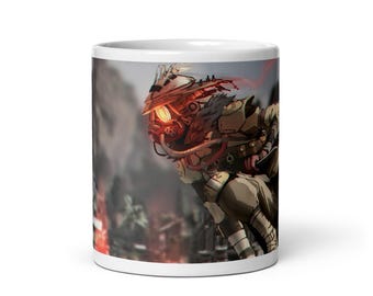 May include: White ceramic mug featuring a detailed illustration of a character with a red and gold helmet and armor. The artwork has a futuristic, sci-fi theme with a blurred background.