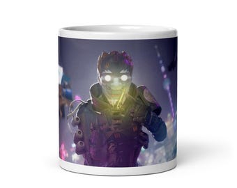 May include: White ceramic mug featuring a digital illustration of a character with glowing white eyes and a sinister grin. The character is dressed in dark armor with a purple and green color scheme. The background is a blurred cityscape.