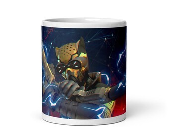 May include: White ceramic coffee mug featuring a detailed illustration of a futuristic character with a cheetah-like mask and armor. The design includes gold, black, and blue elements, with lightning bolts and a network background.
