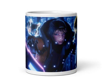 May include: White ceramic coffee mug featuring a futuristic character with a hooded jacket and glowing energy effects. The character is set against a dark, blue-toned background, creating a sci-fi aesthetic.
