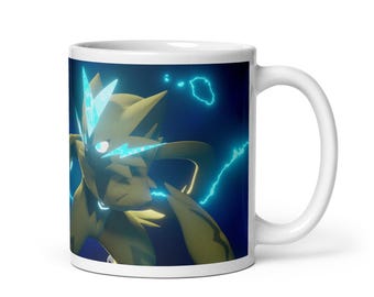 May include: White ceramic mug featuring a yellow and blue illustration of a character with lightning bolts. The character has a spiky head and is set against a dark blue background with electric blue lightning. The mug has a white handle.