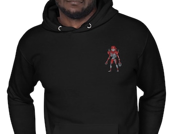 May include: Black hooded sweatshirt with a small embroidered design of a red and silver robot character on the upper left chest. The hoodie has a drawstring hood and a kangaroo pocket.