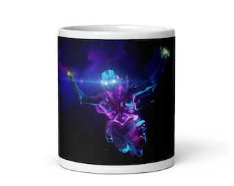 May include: White ceramic coffee mug featuring a vibrant, futuristic design. The artwork depicts a figure with a glowing head and outstretched arms, set against a dark, space-like background with purple and blue hues.