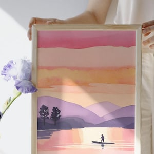 Paddle Board Print | Paddle Board Poster | Paddle boarding Art| Paddle board art | Paddle boarding print | Paddle board Water Colour Sunset