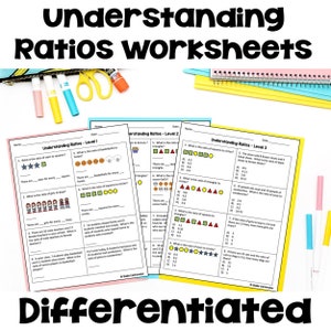 Op de afbeelding: Werkbladen getiteld "Understanding Ratios" met oefeningen van niveau 1, 2 en 3. De werkbladen bevatten ratio-problemen met vormen, sterren en realistische scenario's. Kleurrijke markers, een schaar en een etui zijn zichtbaar.
