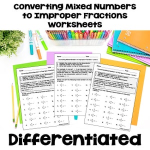 May include: Three printable worksheets for converting mixed numbers to improper fractions. The worksheets are differentiated by level, with Level 2 being the most challenging. Each worksheet includes instructions and examples.