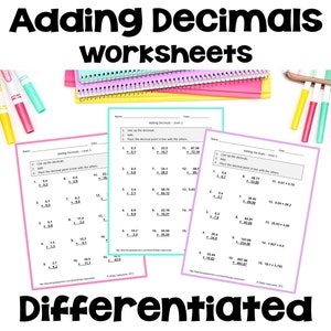 May include: Two worksheets for adding decimals, with different levels of difficulty. The worksheets are printed on white paper and have a light pink background. The worksheets have instructions for adding decimals, lining up the decimal points, and placing the decimal point in line with the others. The worksheets have a variety of problems for adding decimals.