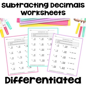 Puede incluir: Tres hojas de trabajo imprimibles para restar decimales. Cada hoja de trabajo tiene un nivel de dificultad diferente. Las hojas de trabajo se titulan "Restar decimales - Nivel 1", "Restar decimales - Nivel 2" y "Restar decimales - Nivel 3".