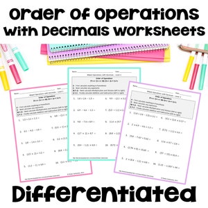 Puede incluir: Tres hojas de trabajo imprimibles para enseñar el orden de las operaciones con decimales. Las hojas de trabajo se titulan "Operaciones mixtas con decimales" e incluyen el acrónimo "PEMDAS" para ayudar a los estudiantes a recordar el orden de las operaciones: Paréntesis, Exponentes, Multiplicación y División (de izquierda a derecha), Adición y Sustracción (de izquierda a derecha).