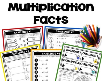 May include: A colorful printable escape room activity for kids featuring multiplication facts. The activity includes four challenges with different types of puzzles, including matching, true or false, multiple choice, and a decoder.