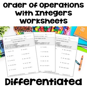 以下が含まれることがあります： 整数の演算順序を教えるための印刷可能なワークシートが3枚あります。ワークシートはレベル別に分けられており、レベル1が最も簡単で、レベル3が最も難しいです。ワークシートには、演算順序を覚えるための覚え方「Please Excuse My Dear Aunt Sally」が記載されています。