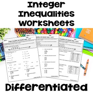 May include: Three printable worksheets for teaching integer inequalities with absolute values. The worksheets are differentiated by level, with Level 1 being the easiest and Level 3 being the most challenging. Each worksheet includes a number line and various problems to solve.