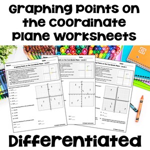 Op de afbeelding: Een stapel gedifferentieerde werkbladen over het coördinatenvlak met de titel "Graphing points on the coordinate plane worksheets". De werkbladen bevatten coördinatenroosters en instructies voor het uitzetten van punten. Kleurpotloden en waskrijtjes zijn zichtbaar.