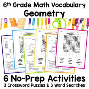 May include: Six printable worksheets for 6th grade math vocabulary. Three black and white crossword puzzles and three black and white word searches focus on geometry terms. The worksheets feature a variety of geometric shapes, including cubes, pyramids, and trapezoids.