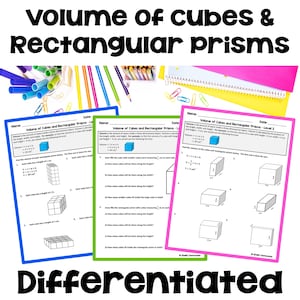 May include: Two printable worksheets for learning about the volume of cubes and rectangular prisms. The worksheets feature diagrams of cubes and rectangular prisms, with instructions to calculate the volume of each shape. The worksheets are titled "Volume of Cubes and Rectangular Prisms - Level 1" and "Volume of Cubes and Rectangular Prisms - Level 3".