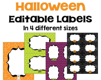 May include: Six different Halloween-themed editable label designs in four sizes. The designs include a ghost, a witch's hat, a pumpkin, and a spider web. The labels are perfect for adding a festive touch to your Halloween party.