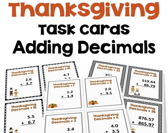 Thanksgiving-Aufgabenkarten mit Dezimalstellen - Differenziert