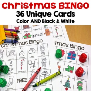 Weihnachts-Bingo mit 36 einzigartigen Farb- und Schwarzweiß-Spielkarten