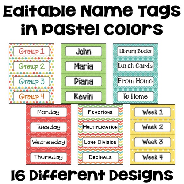 Editable Name Tags and Desk Plates in Pastel Colors