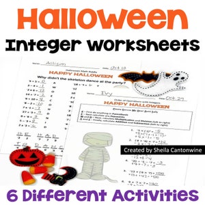 以下が含まれることがあります： 整数数学を教えるための、ハロウィーンをテーマにしたワークシート6枚セット。ワークシートには、幽霊、骸骨、カボチャ、ミイラ、コーン菓子が描かれています。ワークシートには、数学の問題と謎が含まれています。