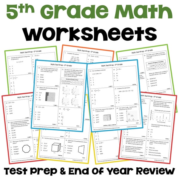 5th Grade Math Review and Test Prep Worksheets