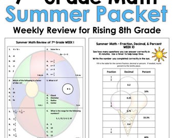 7th Grade Math Summer Review Packet Worksheets - No Prep Activities Rising 8th